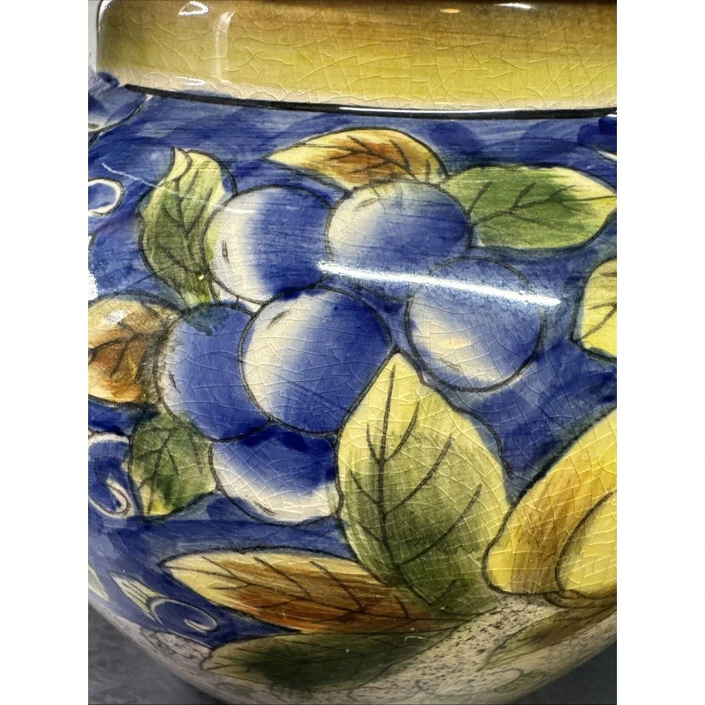Lg Vtg Ceramic Pottery Teapot With‎ Lid Colorful Cobalt Blue Yellow Pears